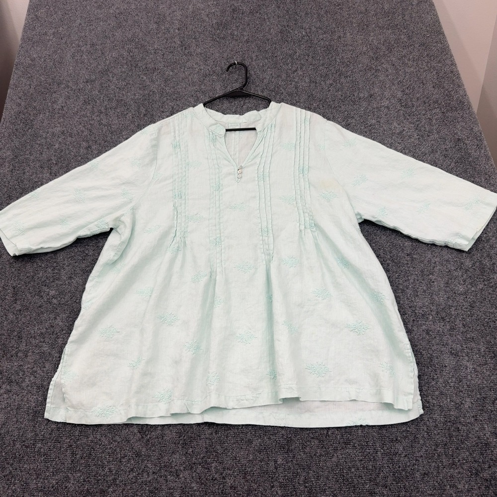 Simple‎ NYC Blouse Womens 26x30 Mint Green Linen Embroidered Pintuck Boho Style
